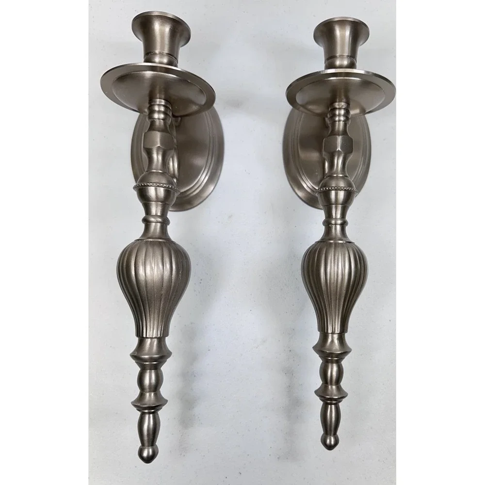 Vintage Pair (2) Pewter Finished Wall Candle Holder Sconces Heavy Cast Metal